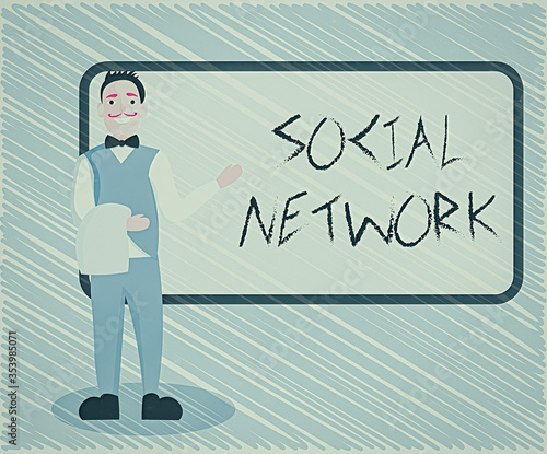 Text sign showing Social Network. Business photo showcasing a framework of individual linked by interan individualal relationship Male Waiter Smiling Standing in Uniform Hand Presenting Blank Menu photo