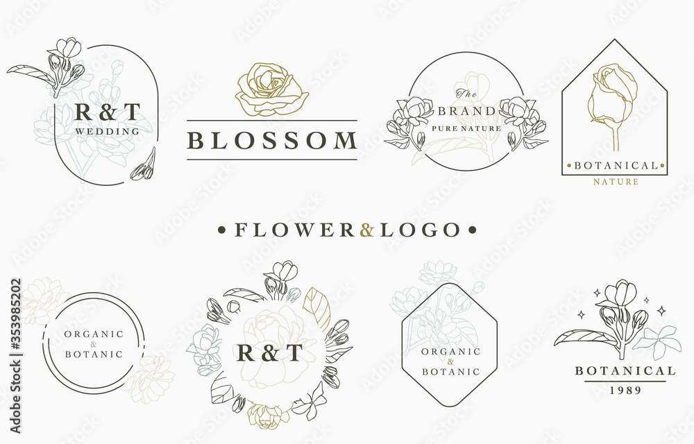 flower logo collection with leaves,geometric,circle,square frame.Vector illustration for icon,logo,sticker,printable and tattoo