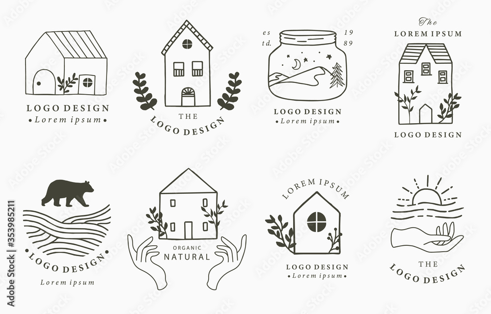 Home and house logo collection with wild,natural,animal,flower,circle.Vector illustration for icon,logo,tattoo,accessories and interior