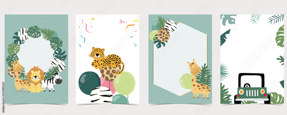 Fototapeta premium Green collection of safari background set with leopard,zebra,giraffe,lion.Editable vector illustration for birthday invitation,postcard and sticker.Wording include wild one