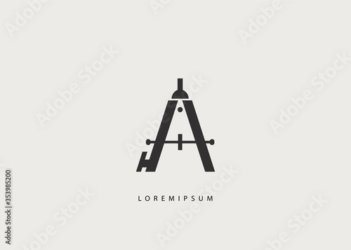 letter A logo template. Initial A Icon template, and Beam compass vector, measure circle tool illustration symbol. 