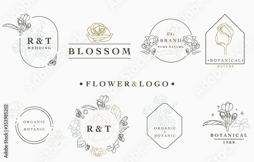 flower logo collection with leaves geometric circle square frame.Vector illustration for icon logo sticker printable and tattoo