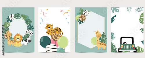Green collection of safari background set with leopard,zebra,giraffe,lion.Editable vector illustration for birthday invitation,postcard and sticker.Wording include wild one