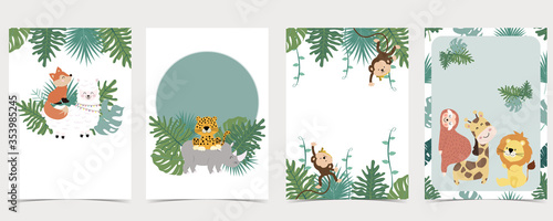 Green collection of safari background set with monkey,fox,giraffe.Editable vector illustration for birthday invitation,postcard and sticker.Wording include wild one