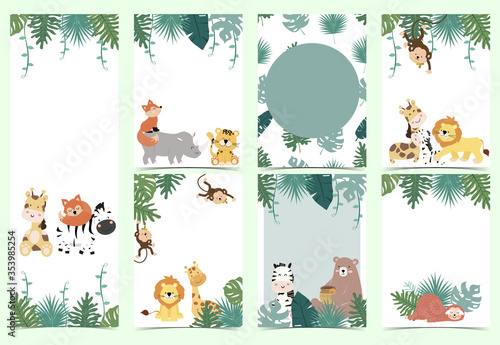 Green collection of safari background set with monkey,fox,giraffe.Editable vector illustration for birthday invitation,postcard and sticker.Wording include wild one