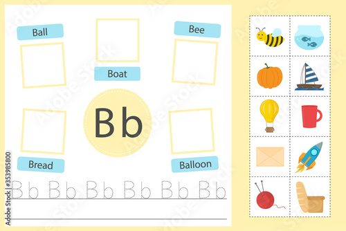 Alphabet tracing worksheet for preschool and kindergarten. Writing practice letter B. Exercises with cards for kids. Vector illustration