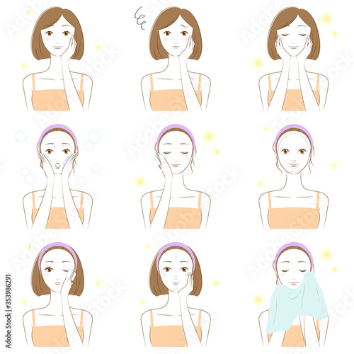 Illustration set of a woman doing skin care