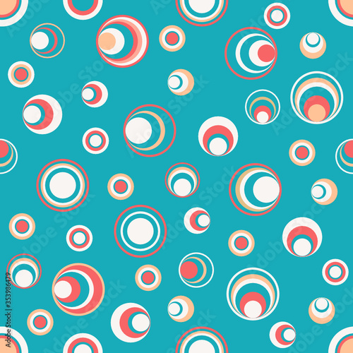 Circle Fabric pattern seamless abstract . Simple geometric print block for T-shirt,textile,wrapping cloth,silk scarf,bandana, swimwear. Coral,red,peach and white circle on blue blue background.Vector.