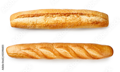 Baguettes isolated on white background. Top view of breads.