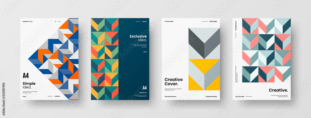 Company identity brochure template collection. Business presentation vector A4 vertical orientation front page mock up set. Corporate report cover abstract geometric illustration design layout bundle.