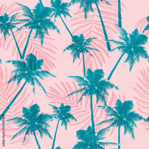 tropical palm trees on a pink background seamless pattern