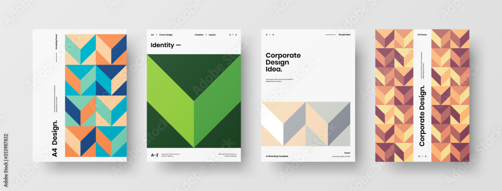 Fototapeta premium Company identity brochure template collection. Business presentation vector A4 vertical orientation front page mock up set. Corporate report cover abstract geometric illustration design layout bundle.