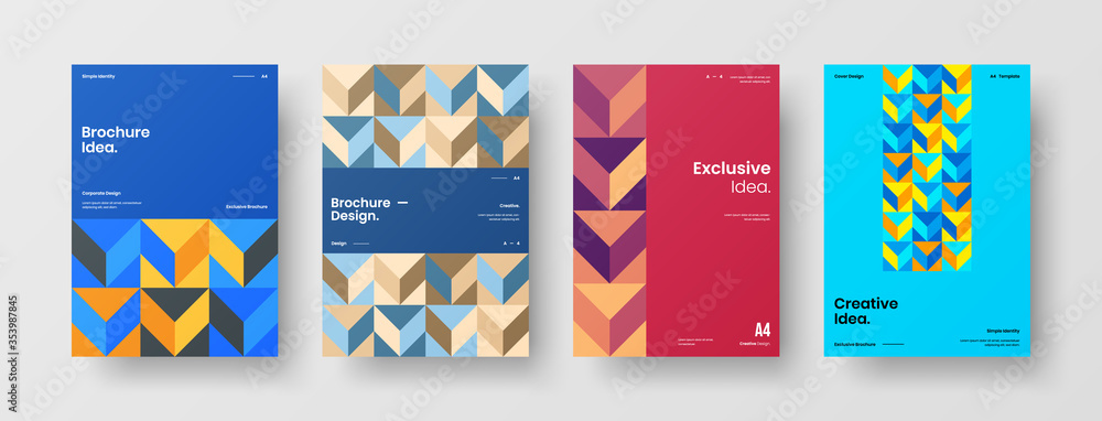 Obraz premium Company identity brochure template collection. Business presentation vector A4 vertical orientation front page mock up set. Corporate report cover abstract geometric illustration design layout bundle.