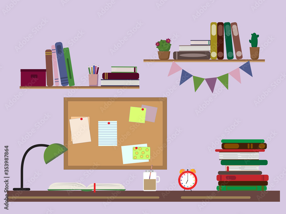 Fototapeta premium Studying at the workplace, at a table with a lamp. Place in student study room.