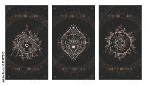 Vector set of three dark illustrations with sacred geometry symbols and grunge textures. Images in black and gold colors. 