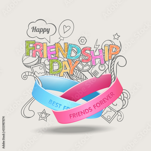 Friendship bands with text best friends forever and hand drawn doodle scetch background. Happy friendship day