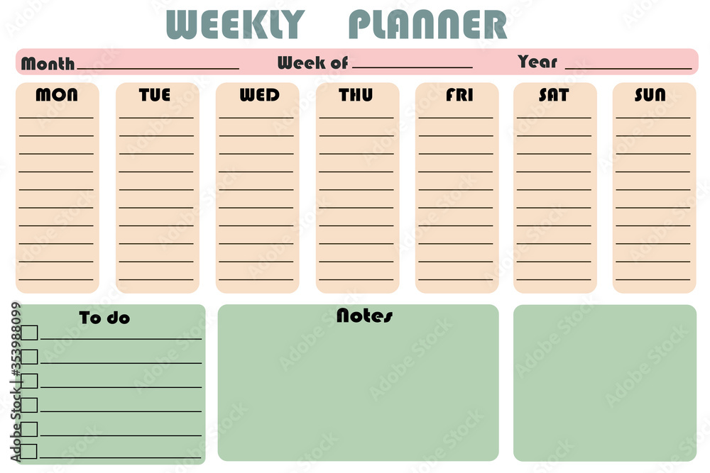 Weekly planer stationery template. Monthly planner, organizer for the week. - obrazy, fototapety, plakaty 