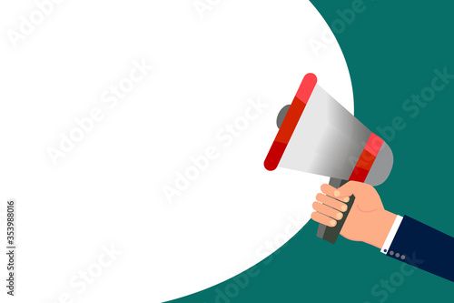Vector icon of a megaphone, loudspeaker in hand. Flat image of a speaker with alert.