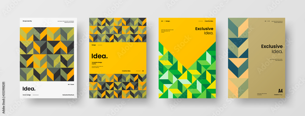 Naklejka premium Company identity brochure template collection. Business presentation vector A4 vertical orientation front page mock up set. Corporate report cover abstract geometric illustration design layout bundle.