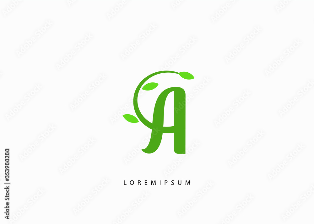 letter A logo template. Initial icon A, and green leaf icon vector letter A logo template. Initial icon A, and green leaf icon vector