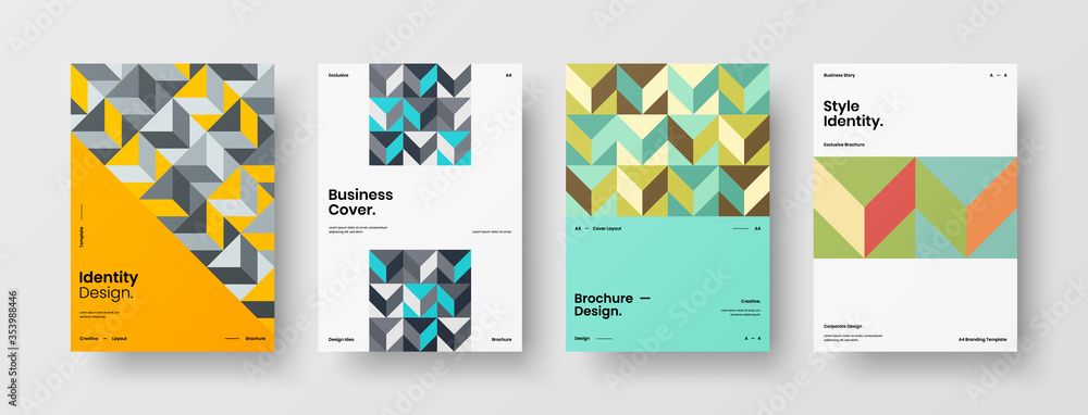 Company identity brochure template collection. Business presentation vector A4 vertical orientation front page mock up set. Corporate report cover abstract geometric illustration design layout bundle.