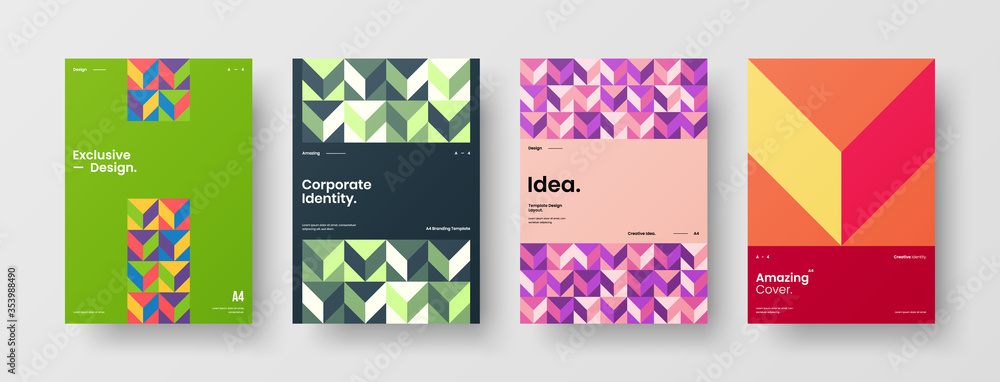 Company identity brochure template collection. Business presentation vector A4 vertical orientation front page mock up set. Corporate report cover abstract geometric illustration design layout bundle.