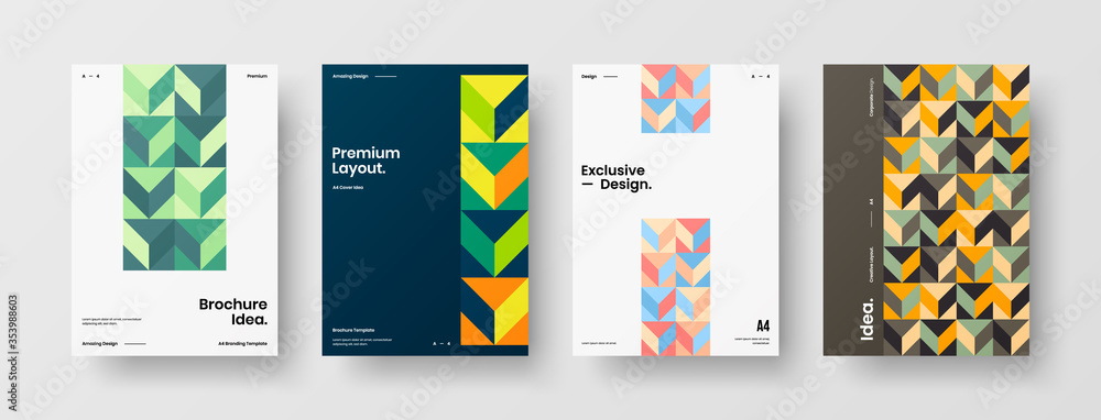 Company identity brochure template collection. Business presentation vector A4 vertical orientation front page mock up set. Corporate report cover abstract geometric illustration design layout bundle. Company identity brochure template collection. Business presentation vector A4 vertical orientation front page mock up set. Corporate report cover abstract geometric illustration design layout bundle.