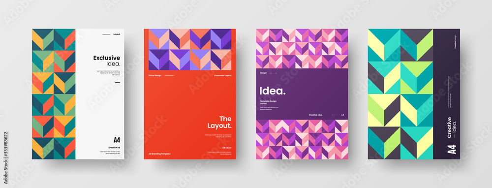 Company identity brochure template collection. Business presentation vector A4 vertical orientation front page mock up set. Corporate report cover abstract geometric illustration design layout bundle. Company identity brochure template collection. Business presentation vector A4 vertical orientation front page mock up set. Corporate report cover abstract geometric illustration design layout bundle.
