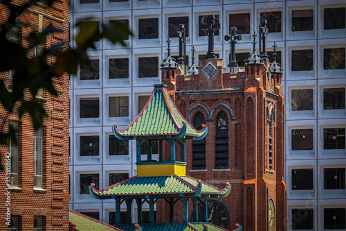 Photography Modern buildings, historic Chinese pagoda and tower of Old Saint Mary's Cathedra