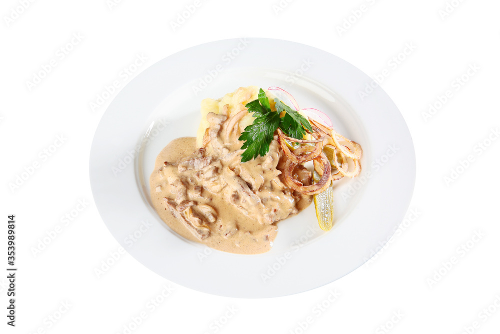 Meat goulash with mashed potatoes on a white plate. Copy of the space.Top view.