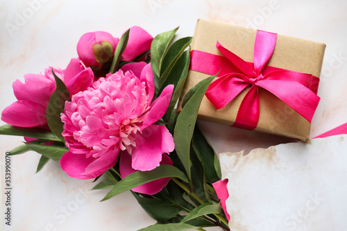 greeting card. beautiful bouquet of pink peonies