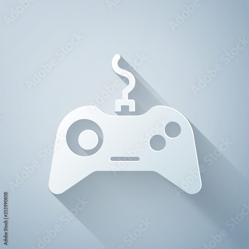 Paper cut Gamepad icon isolated on grey background. Game controller. Paper art style. Vector. Illustration