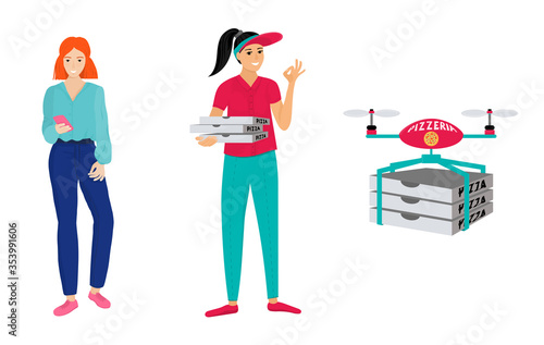 A girl in a pizzeria uniform holds 3 boxes, second girl makes an order through the mobile app. Drone delivers pizza. Character for pizza, delivery, fast food cafe. Design for mobile application