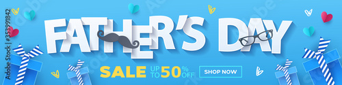 Fathers Day Sale banner, poster or flyer design with flying origami hearts, gifts, paper mustache and glasses. Paper art, digital craft style. Vector illustration for web, social media, promotion