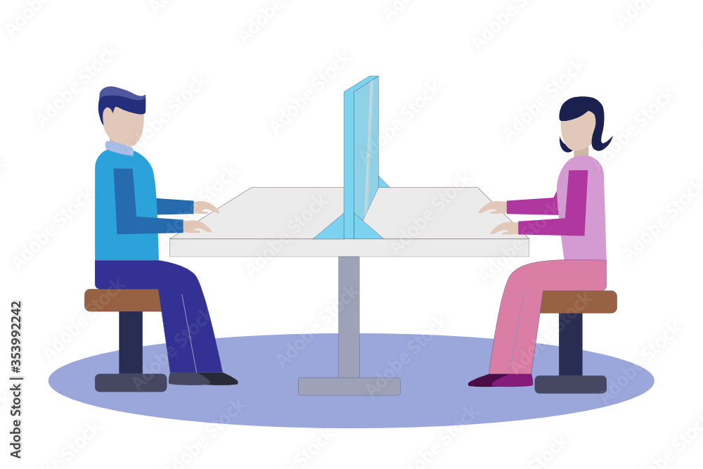 Man and Woman sitting at the food table with Social distancing. Idea for table and sitting in food shop or street food. Safe from corona virus outbreak. Vector illustration in flat style.