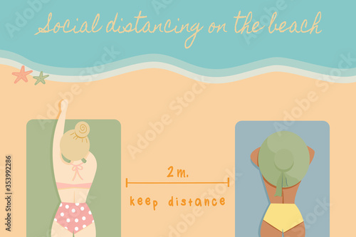 Vector illustration of Social distancing on the beach, 2 girls keep distance for Sunbathe or tanning on the sand. New Normal summer beach after lockdown due to coronavirus or COVID-19.