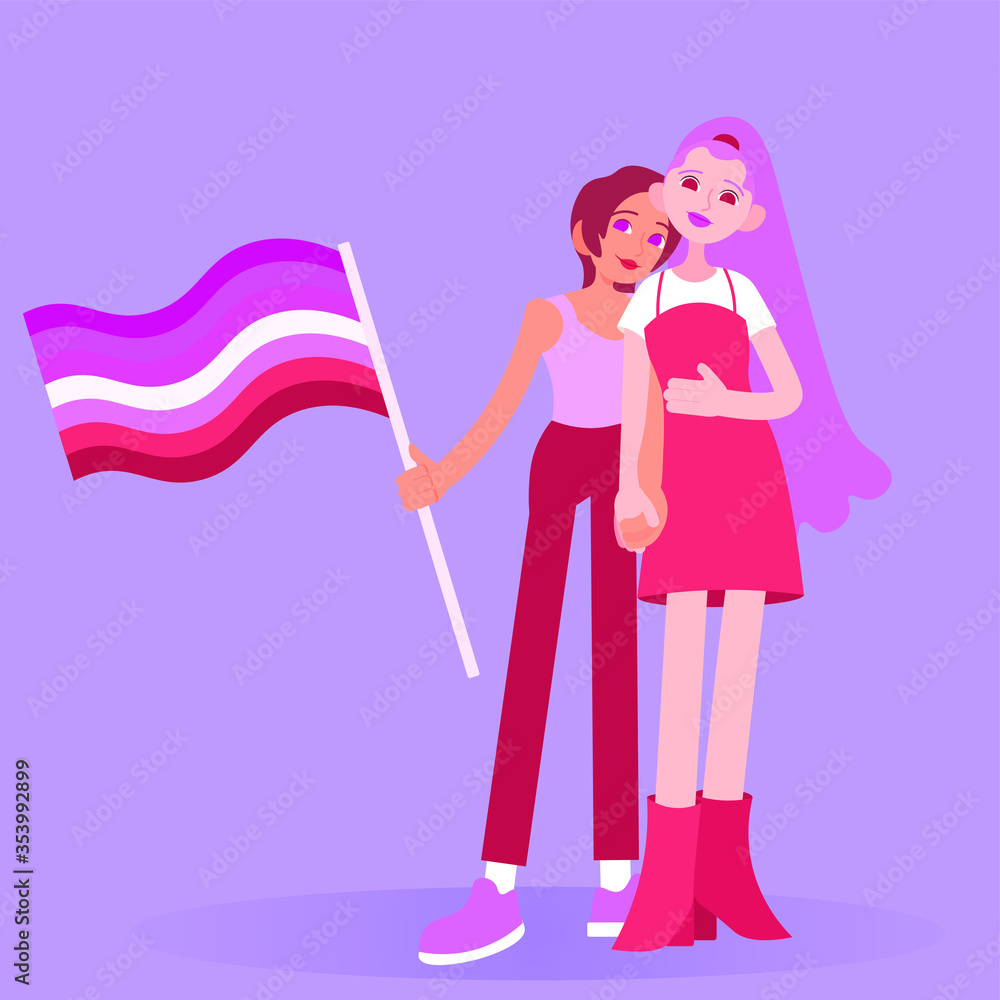Lesbian couple holding hands with lesbian flag. Happy pride flat vector illustration, banner, poster, card Lesbian couple holding hands with lesbian flag. Happy pride flat vector illustration, banner, poster, card