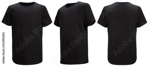 Leinwand Poster Shirt design and people concept - close up of blank black tshirt front and rear isolated