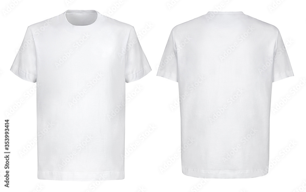 Front and back views of white t-shirt on isolated on white background  regular style. Blank t shirt for your logo. Stock Photo