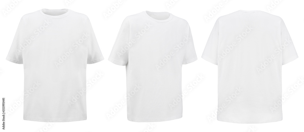 Front back and 3/4 views of white t-shirt on isolated on white background regular style. Blank t shirt for your logo. - obrazy, fototapety, plakaty 