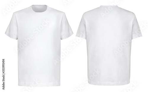 Front and back views of white t-shirt on isolated on white background regular style. Blank t shirt for your logo.