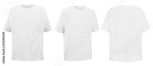 Front back and 3/4 views of white t-shirt on isolated on white background regular style. Blank t shirt for your logo.