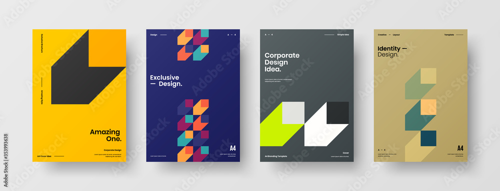 Company identity brochure template collection. Business presentation vector A4 vertical orientation front page mock up set. Corporate report cover abstract geometric illustration design layout bundle. Company identity brochure template collection. Business presentation vector A4 vertical orientation front page mock up set. Corporate report cover abstract geometric illustration design layout bundle.