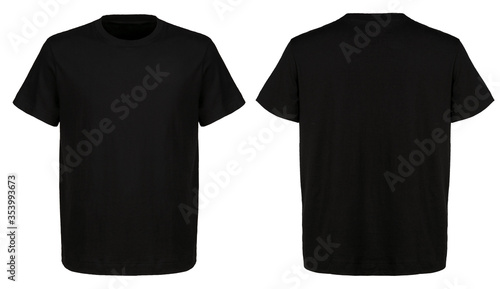 T shirt design and people concept - close up of blank black t-shirt front and rear isolated. Mock up template for design print