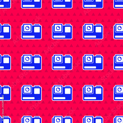 Blue Action extreme camera icon isolated seamless pattern on red background. Video camera equipment for filming extreme sports. Vector. Illustration