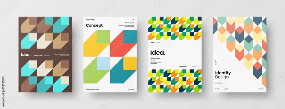 Fototapeta premium Company identity brochure template collection. Business presentation vector A4 vertical orientation front page mock up set. Corporate report cover abstract geometric illustration design layout bundle.