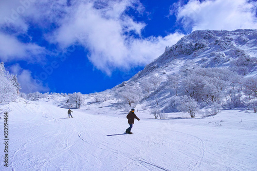 真冬のゲレンデを滑走するスノーボーダー達