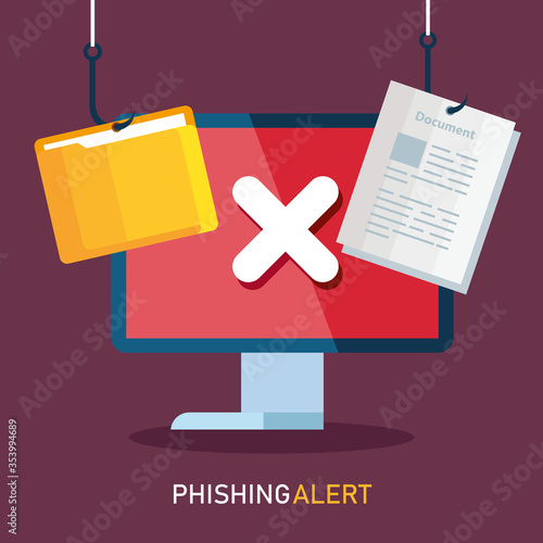 data phishing hacking online scam concept, with computer and icons hook vector illustration design