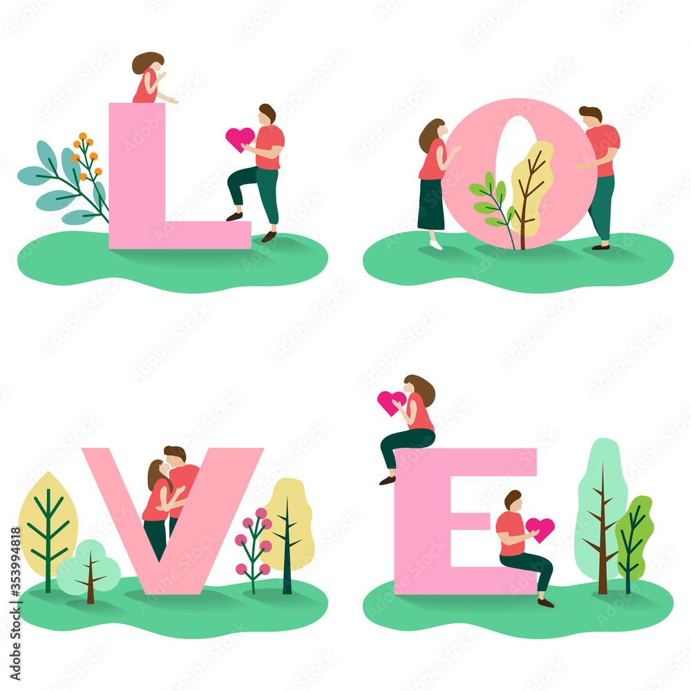 Young couple lover with L-O-V-E alphabets, flat cartoon characters. Young couple lover with L-O-V-E alphabets, flat cartoon characters.