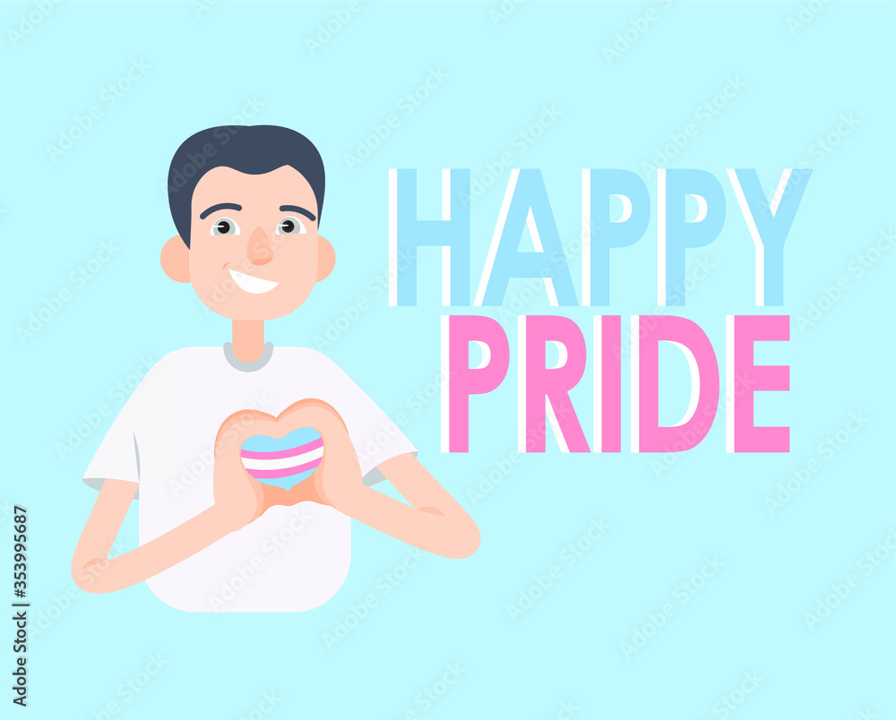 Transgender man makes heart with hands into heart transgender flag. Flat vector happy pride illustration, banner, poster, card Transgender man makes heart with hands into heart transgender flag. Flat vector happy pride illustration, banner, poster, card